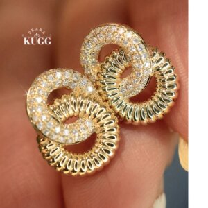 KUGG 100% 18K White/Yellow Gold Earrings Women Cute Doughnut Shape 0.32carat Real Natural Diamond Stud Earrings Fine Jewelry