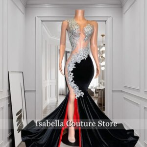 Luxury Black Long Prom Dresses 2025 Velvet Lace Appliques Beads Birthday Party Gown Wedding Reception Gown Customized