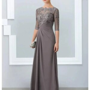 A-line Gray Mother of the Bride Dress Elegant Jewel Neck Floor Length Chiffon Half Sleeves Appliques Lace Wedding Party Gowns