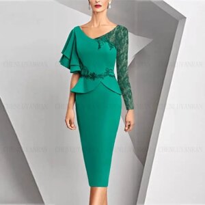 Green Mother Of The Bride Dresses 2025 Sheath V-neck Long Sleeves Jersey Appliques Lace Beading Bride Mother Beautiful Dress