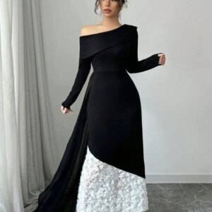 Customized Long Sleeves Prom Dresses One Shoulder Flowers Ankle Length Evening Dresses Party Dresses
