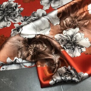 High Quality Orange Bottom Silk 40momme Inkjet Large Flower Printed Thickening Satin Cheongsam Formal Dress Fabric