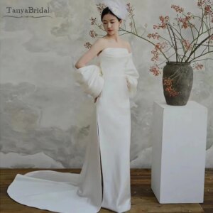 Straight Strapless Wedding Dress Fashion Simple Taffeta Bridal Gowns With Sleeve Hold Vestido De Noivas Chic DW914