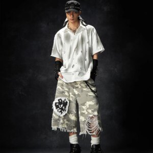 Niche Designer Light Camouflage Color Patch Cut Loose Burrs Straight Wide Leg Personality Cropped Pants Street Casual