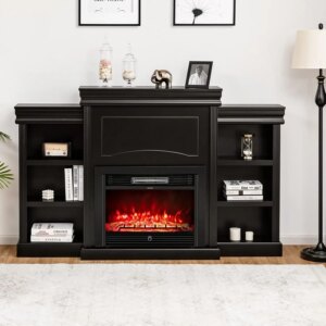 70″ Mantel Fireplace, 750W/1500W Electric Fireplace Mantel & Built-in Bookshelves, 28.5-Inch Electric Fireplace Remote Control