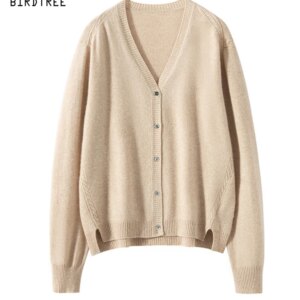 BirdTree, 100%Pure Cashmere Elegant Cardigans, Women Long Sleeve V-Neck, Versatile Loose Knit Sweater, Autumn Winter T48745QC