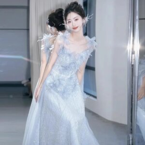 Sling Bow Evening Dress Birthday Party Adult Blue Fluffy Yarn Wedding Dresses A-line Skirt with Open Back and Square Collar Sexy
