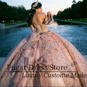 Pink Shiny Ball Gown Quinceanera Dress Tulle Appliques Lace Beads Bow Off Shoulder Sweet 15 16 Years Birthday Party Prom Dresses