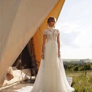 Gorgeous White/Ivory Short Sleeves Lace Tulle Backless Wedding Dress 2024 A-line Court Train Bridal Gowns Vestido De Noiva
