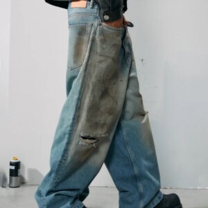 Worn Jeans Men’s Ripped Washed Dirty Dyed Loose Wide-Leg Pants Straight-Leg Pants