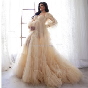 Customized A Line Bridal Prom Dresses Off Shoulder Sweetheart Front Split Long Maternity Robes Pregnant Women Fluffy Tiered Gown