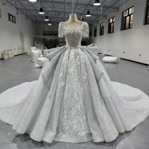 свадебное платье Half Sleeves Square Collar Beading Crystal Ball Gown Lace Up Keyhole Back Bridal Dress vestido de novia