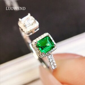 LUOWEND 100% 18K White Gold Rings Luxury Elegant Design Natural Diamond Natural Emerald Ring for Women High Wedding Jewelry