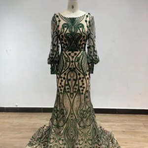 MYMB Elegant Green Long Sleeves Beaded Plus Size Evening Gowns for Special Events Muslim Exclusive Mermaid Formal Party Dresses