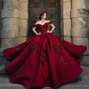 Customized Red Off Shoulder Quinceanera Dress sequin applique crystal Lace crystal vestidos de 15 Quinceanera