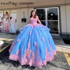 EVLAST Customized Shiny Sky Blue Quinceanera Dress Ball Gown Pink Floral Applique Beading Sweet 16 Vestido De 15 Anos E1Q397