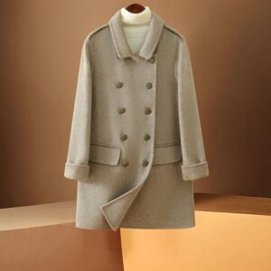 Women’s Autumn and Winter New Wool Double Sided Cotton Overcoat Mid-Length Double Breasted Cardigan Lapel Versatile Fashion