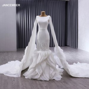 Jancember Elegant Factory Wholesale Wedding Gown For Bride 2024 Satin Mermaid Draped O-Neck Lace Up فستان سهرة نسائي RSM241005