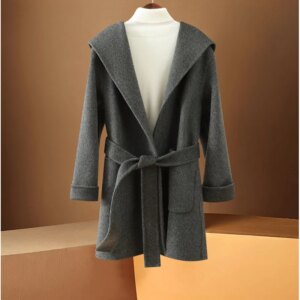 Autumn and Winter New Wool Double Sided Cotton Coat Ladies Hooded Lacing Mid-Length Cardigan Small Coat Loose