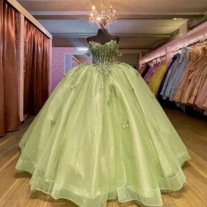 Sage Green Sweet 16 Quinceanera Dress Off Shoulder Appliquéd Ball Gown Butterfly Tull Princess Party Birthday Dress Vestidos De