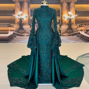 Luxury Green Mermaid Evening Dress Sequins Beaded Celebrity Dress With Detachable Train Long Sleeve Formal Prom Dress Customized