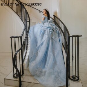 EVLAST Customized 2025 Sky Blue Ball Gown Quinceanera Dress Lace Applique Beading Bow Corset Sweet 16 Vestidos De 15 Anos E1Q657