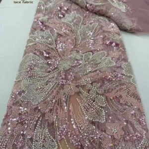 Luxury Pink French Mesh Beaded Lace Fabric 2025 High Quality African Sequins Groom Lace Fabrics For Nigerian Wedding Dress Sew