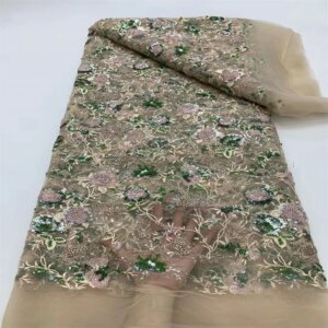 African Lace Fabric Sequins Beads Lace Fabric 2024 5 Yards High Quality French Mesh Tulle Embroidery Wedding Bridal Lace Sewing