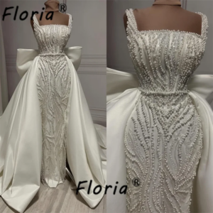 Luxury Pearls Crystal Dubai Wedding Dress with Detachbale Train Beaded Big Bow Bridal Dress vestidos de gala mujer elegante 2024