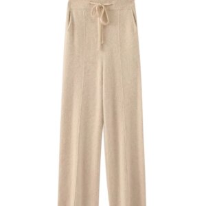 Winter Women’s Casual Pants 100% Cashmere Fabric Knitted Pants Elastic Drawstring Casual Wide Leg Pants