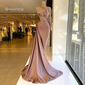 One Shoulder Prom Dress Pleats Ruched Mermaid Evening Dress Lace Appliques Beaded Sexy Formal Dress Customized
