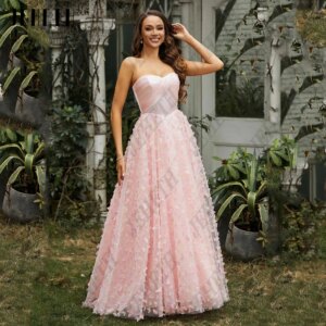 JEHETH A-Line Tulle Long Prom Dresses Sleeveless Strapless Formal Occasion Gowns for Women Butterfly Evening Dress Customized