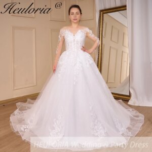 HEULORIA long sleeve sweetheart lace beading wedding dress plus size shinny lace princess ball gown wedding dress