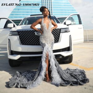 EVLAST Customized 2025 Silver Sequins Mermaid Prom Dress Black Girls Crystal Beaded High Slit Feather Evening Party Gown E2P504