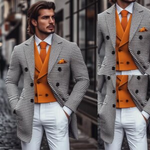 Modern Winter Long OverCoat Lapel Single Breasted Winter Tweed Houndstooth Business Formal Men‘s Coat Blazer Customized