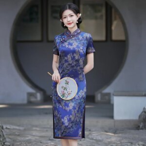 Improved Quality Real Silk Cheongsam Qipao Dress Women’s High-End Heavy Cheongsam Qipao Dress Mid-Length Chinese Dress