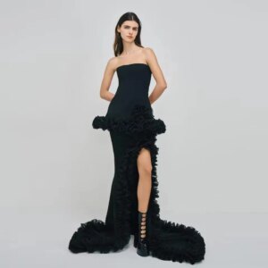 2025 Black Fashion Asymmetrical Long Formal Dresses With Ruffles Trimmed Details Strapless Women Party Dress Lace Up
