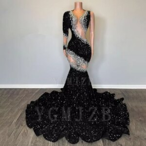 Luxury Black Rhinestone Diamond Mermaid Long Prom Dresses For Black Girls 2025 Sexy Sheer One Shoulder Evening Gown Customsized
