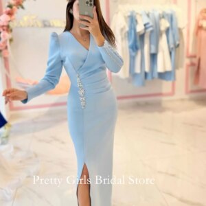 Arabic Customized Crystals Formal Wedding Dresses Side Slit Crepe Satin Floor Length Classic Sky BlueBride Gowns Party Women