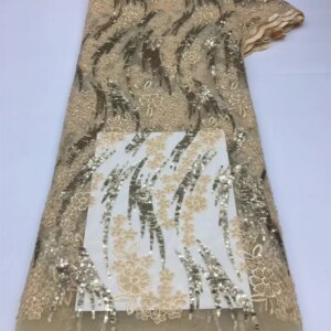 Latest Lace Fabric High Quality 2025 Handmade Beaded Lace Fabric Gold African Lace Embroidery Sequin Lace for Party Dress Q297-1