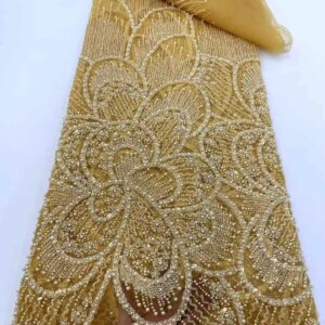 Gold Nigerian Luxury Beaded And Perals Lace Fabric High Quality 2025 African Sequins Tulle Lace Fabric For Woman Evening Dresses