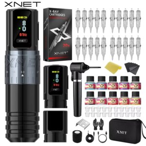 XNET Vipera 2.4-4.2mm Adjustable Stroke Wireless Tattoo Machine Pen Complete Kit Set with Extra Battery 20pc Cartridges 10pc Ink