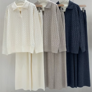 Women’s Twisted Knitted 2-Peiece Set V-Neck Long Sleeve Sweater or Straight Elastic Waist Wide Leg Pants Loose Female Wool Suit