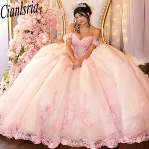 Pink 3D Flowers Appliques Lace Quinceanera Dress Ball Gown Off The Shoulder Corset Sweet 16 Vestidos De XV 15 Anos