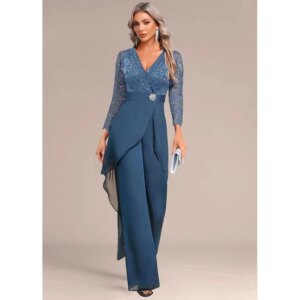 Smart Blue Chiffon Dresses for the Bride Mom V-Neck Full Sleeves Lace Straight Pants Floor Length High Quality Women Prom Gowns
