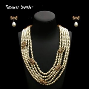 Timeless Wonder Zircon Bowknot Strand Pearl Necklace N Stud Earrings for Women Designer Jewelry Set Luxury Top Rare Gift 4612