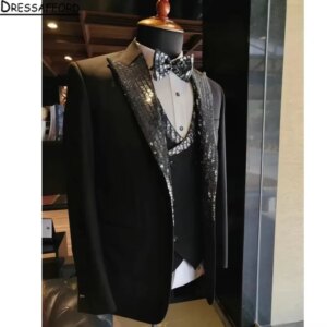 Black Handmade Crystal Beading Formal Men Suits Three Pieces Groom Wear ( Jacket + Vest + Pants )