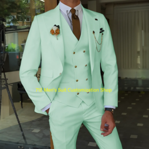 Elegant Men’s Suit 3 piece suit Peak Lapel Jacket Pants Vest Wedding Groom Tuxedo Gold Button Blazer Customized
