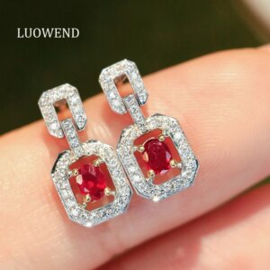 LUOWEND 100% 18K White Gold Earrings Women Shiny Diamond Natural Ruby Stud Earrings Luxury Elegant Style High Party Jewelry