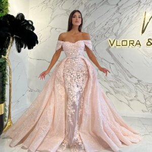 Light Pink Off-The-Shoulder Mermaid Prom Dress Lace Appliques Detachable Train Formal Evening Party Gown Custom Robes De Soirée
